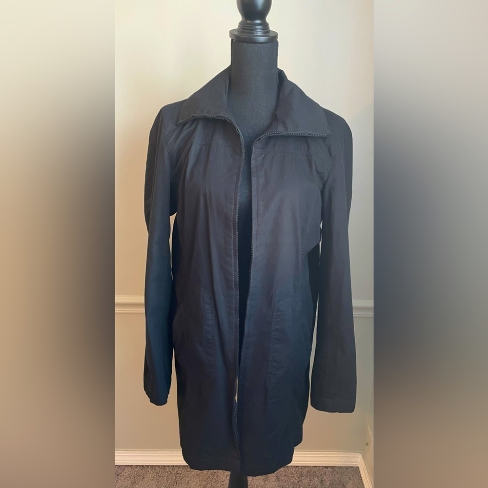 Women’s Black Zip Front Mid Length Trench Coat Jacket Size L
